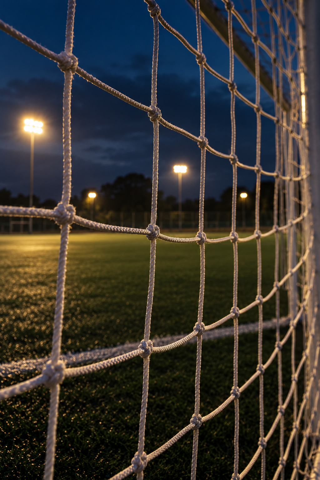 Illustrative close-up of a football goal net under evening floodlights
